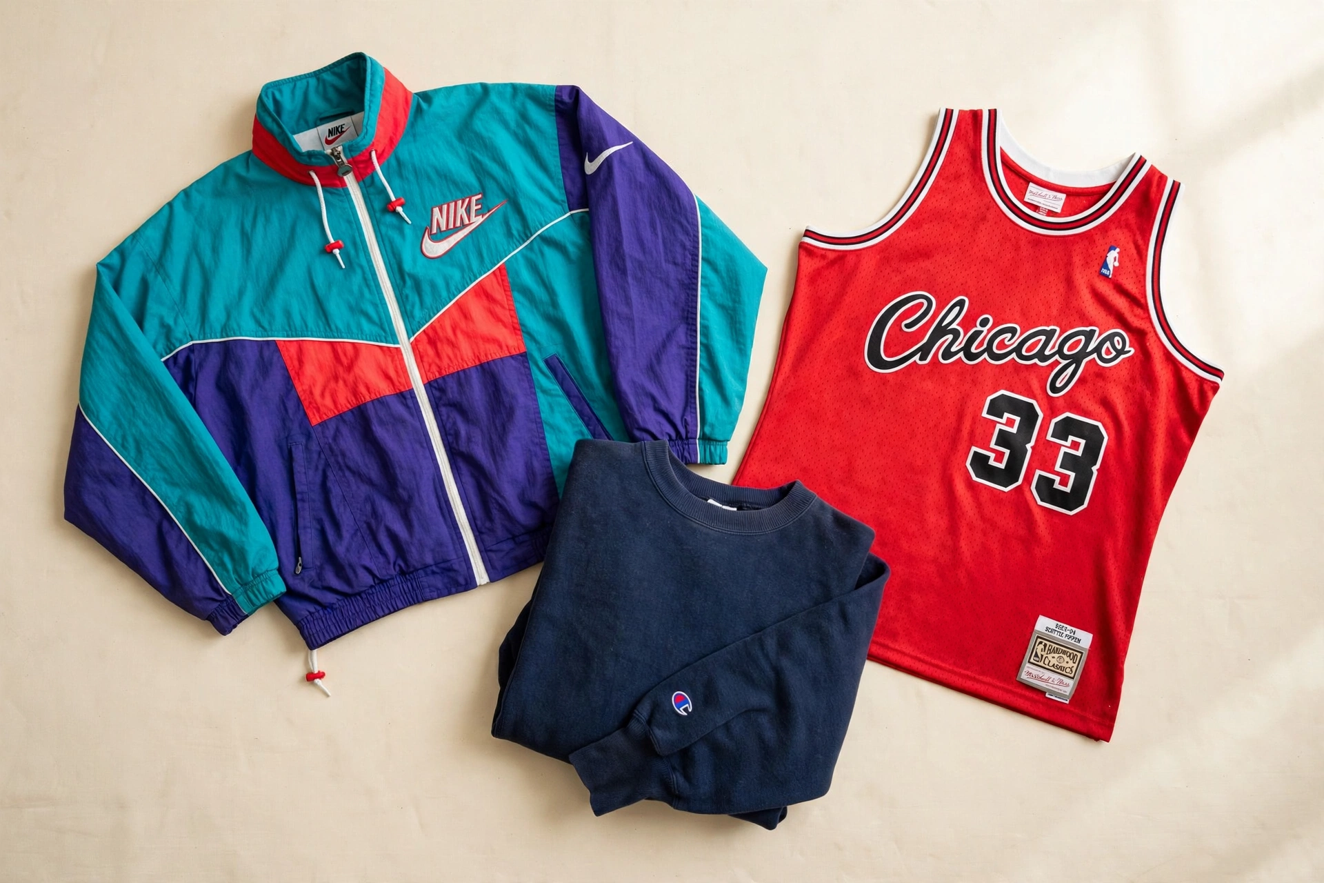 Curated vintage clothing rack — denim, jerseys and fleece